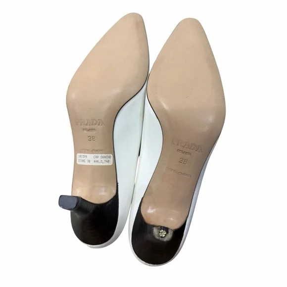 Prada Milano White Leather Kitten Heel Pumps Pointed Toe Size 38 - Picture 7 of 9